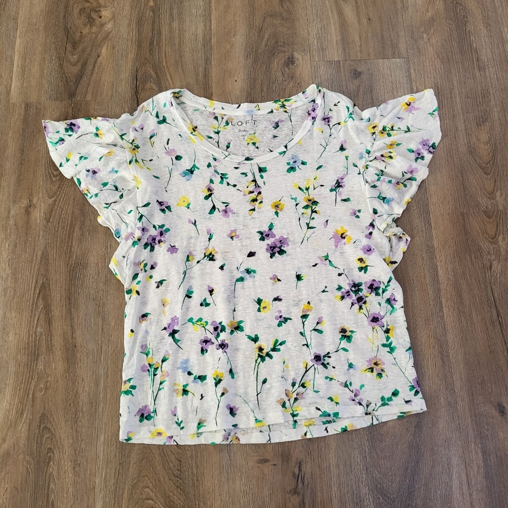 Loft Top Women Small Cream Green Purple Floral 100% Linen Flutter Sleeve Prairie